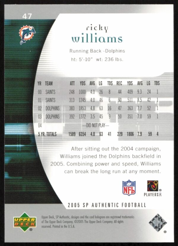 2005 Upper Deck SP Authentic Ricky Williams #47 (Back)