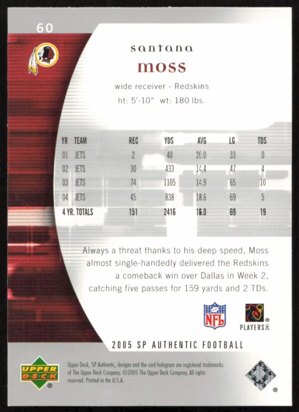 2005 Upper Deck SP Authentic Santana Moss #60 (Back)