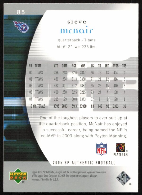 2005 Upper Deck SP Authentic Steve McNair #85 (Back)