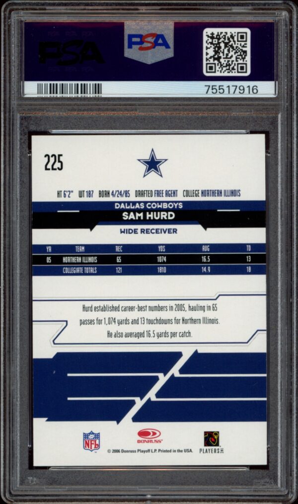 PSA-authenticated 2006 Leaf Rookies & Stars card, #225, featuring Dallas Cowboys Sam Hurd.