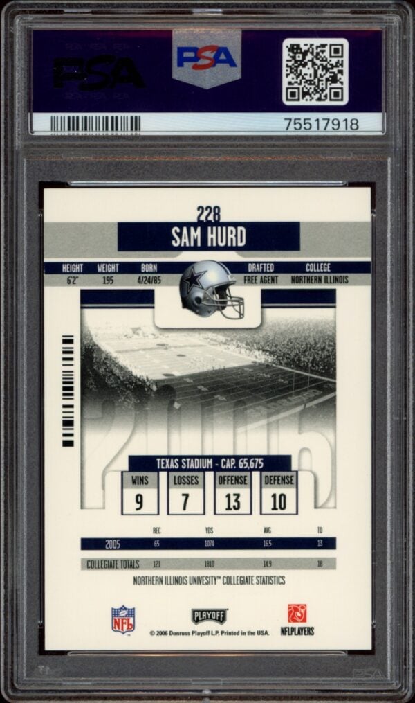 PSA-graded 2006 Playoff Contenders card featuring NFL wide receiver Sam Hurd of the Dallas Cowboys.