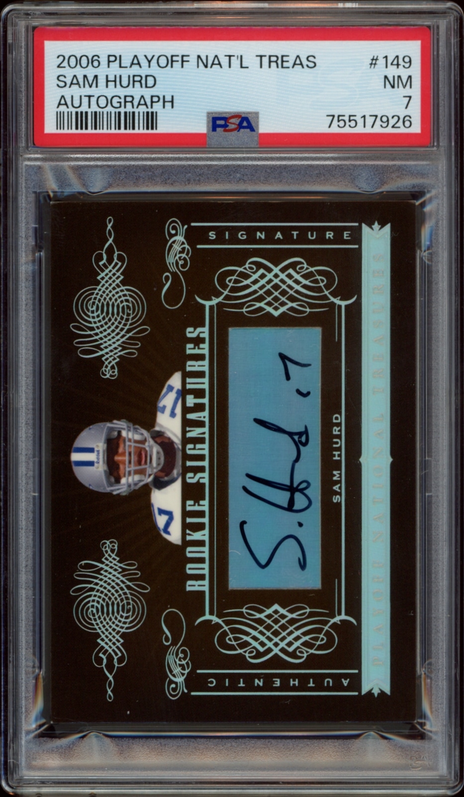Sam Hurd signed 2006 Playoff National Treasures card #149, graded NM-MT 8 by PSA.