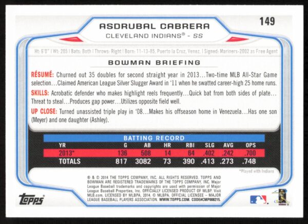 2014 Bowman Asdrubal Cabrera #149 (Back)