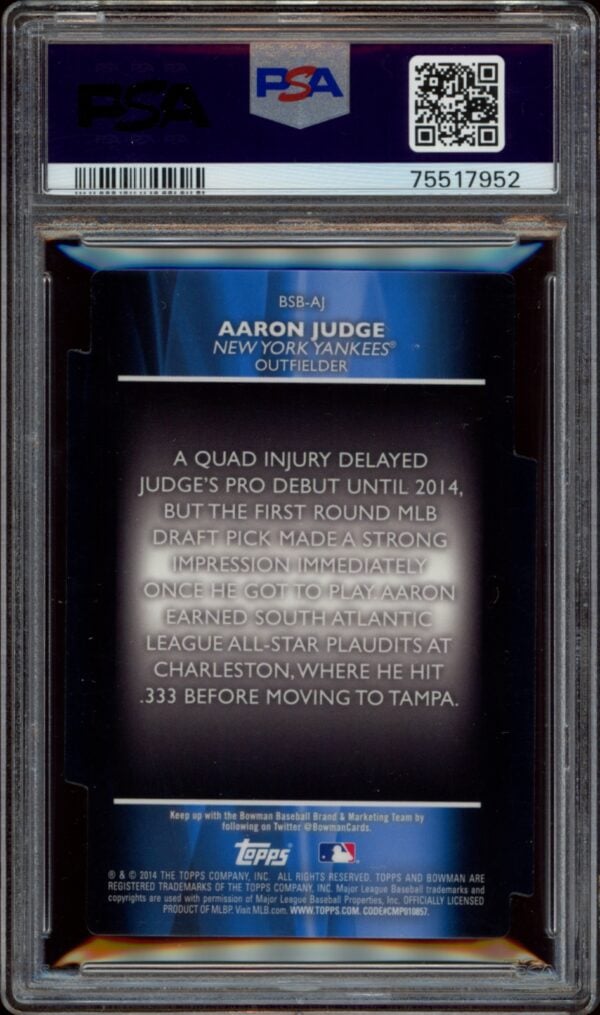 PSA-graded 2014 Bowman Chrome card featuring Aaron Judge of the New York Yankees.