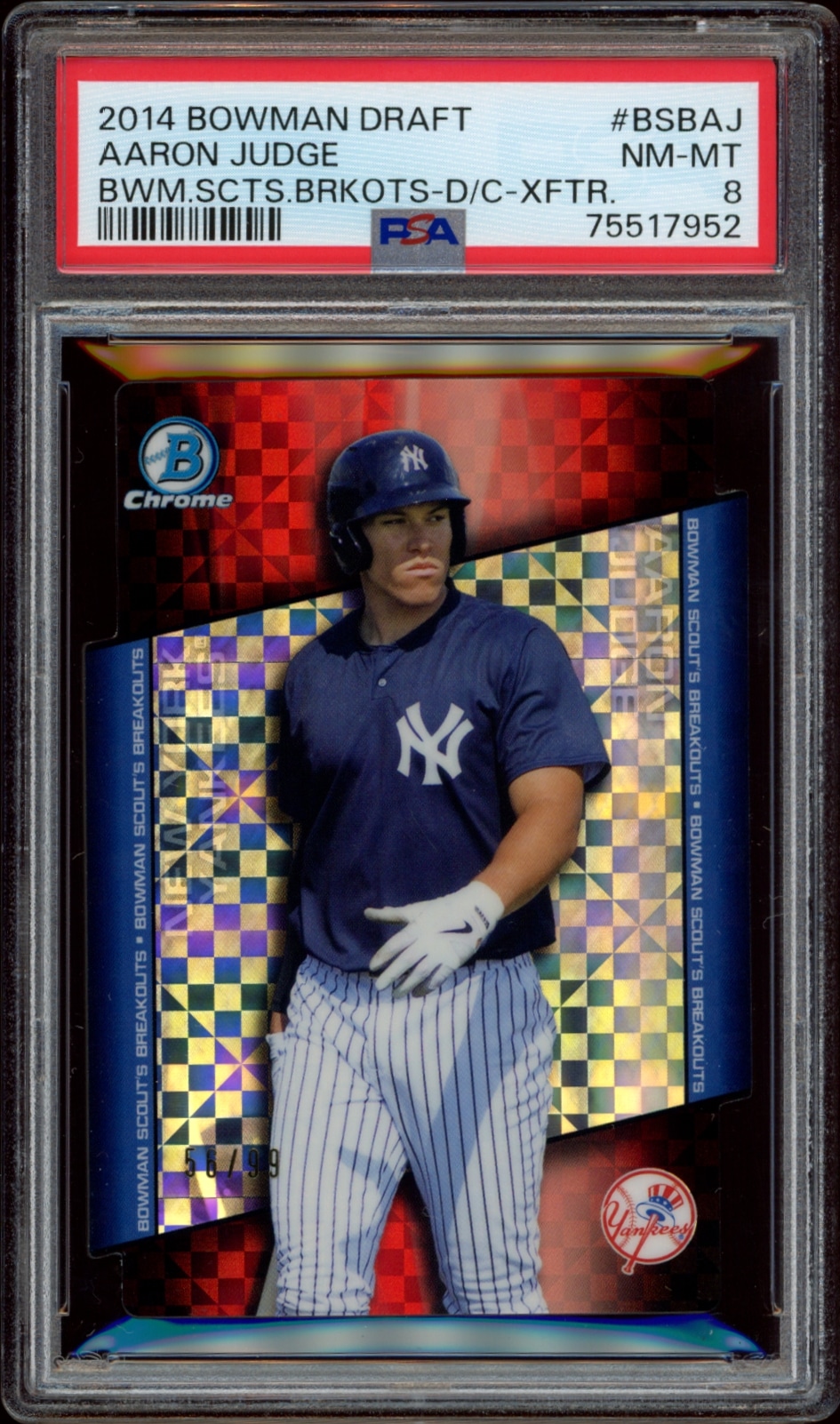 2014 Bowman Chrome Aaron Judge in Yankees uniform, rated NM-MT 8 by Beckett Grading Services.