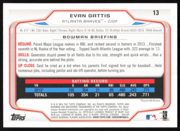 2014 Bowman Evan Gattis #13 (Back)