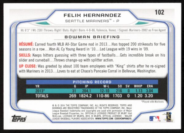 2014 Bowman Felix Hernandez #102 (Back)