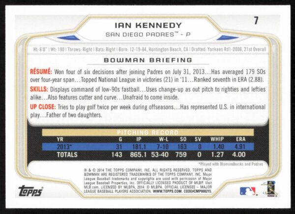 2014 Bowman Ian Kennedy #7 (Back)