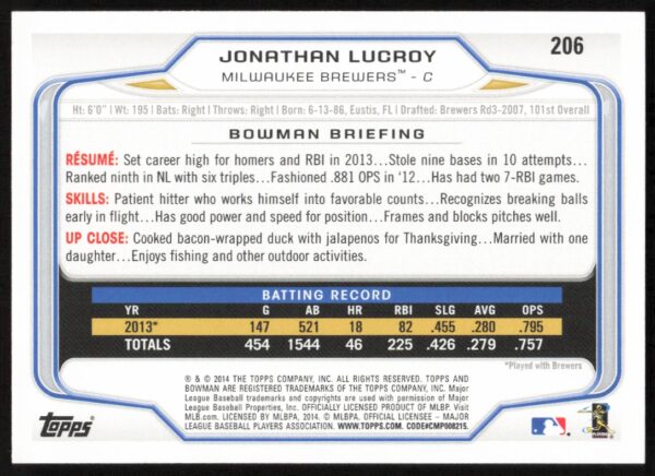 2014 Bowman Jonathan Lucroy #206 (Back)