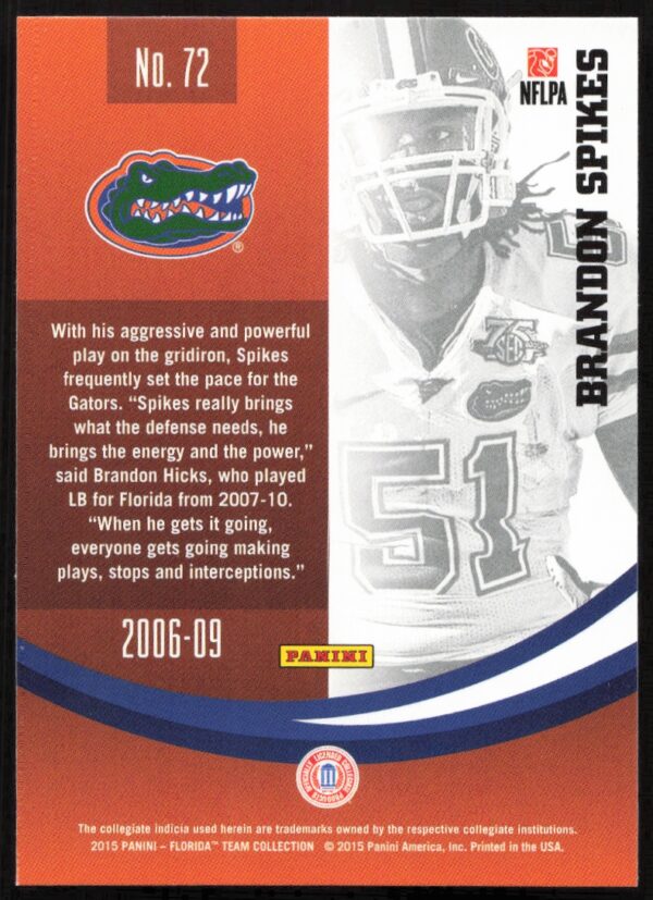 2015 Panini Florida Gators Brandon Spikes #72 (Back)