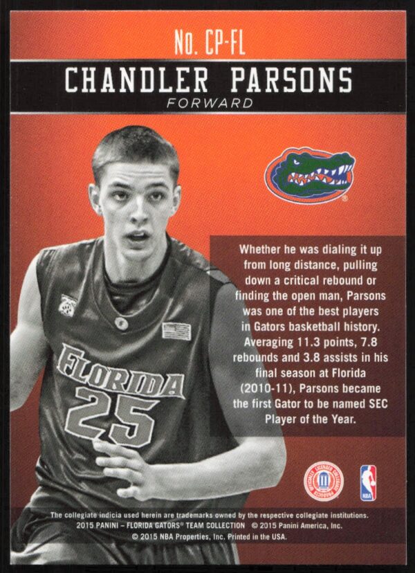 2015 Panini Florida Gators Chandler Parsons Honors #CP-FL (Back)