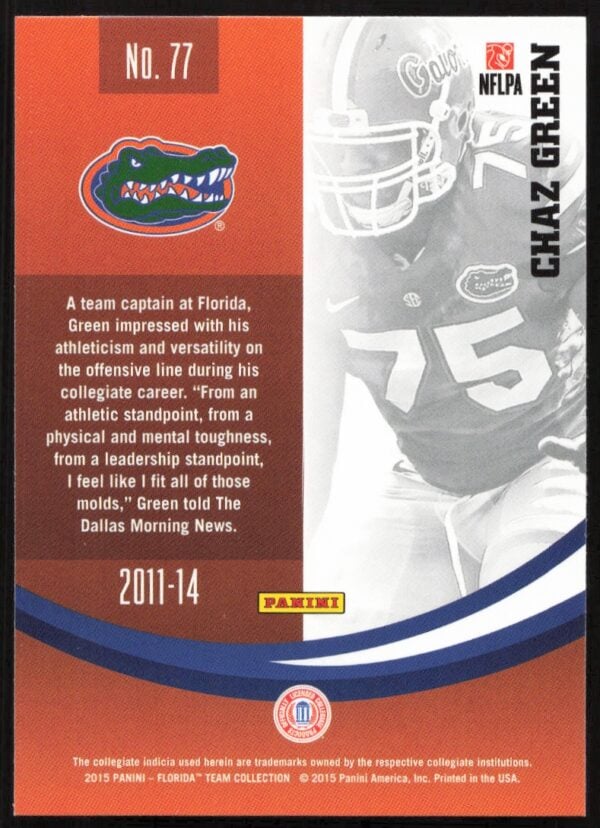 2015 Panini Florida Gators Chaz Green #77 (Back)