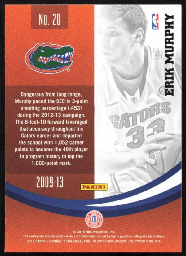 2015 Panini Florida Gators Erik Murphy #20 (Back)