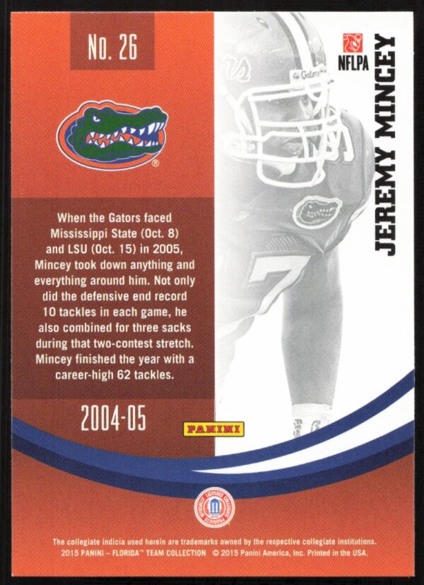 2015 Panini Florida Gators Jeremy Mincey #26 (Back)