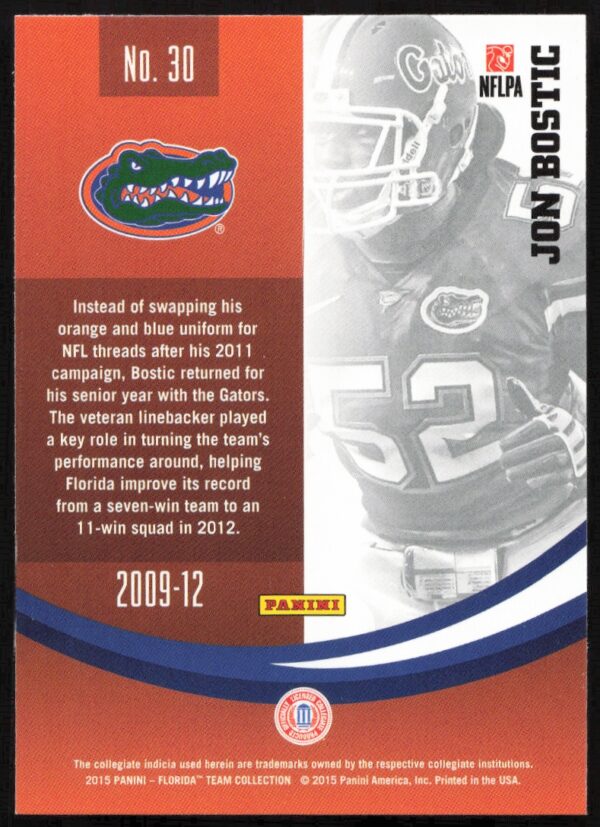 2015 Panini Florida Gators Jon Bostic #30 (Back)