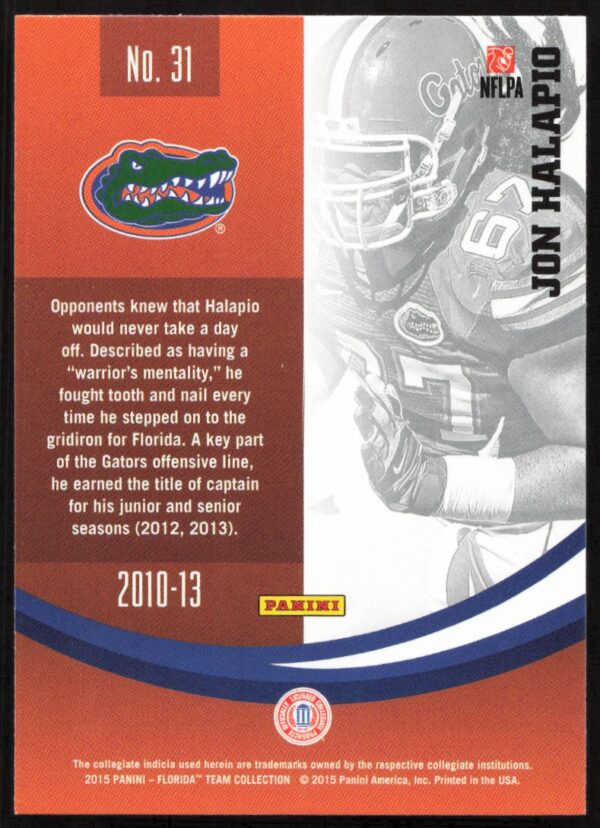 2015 Panini Florida Gators Jon Halapio #31 (Back)