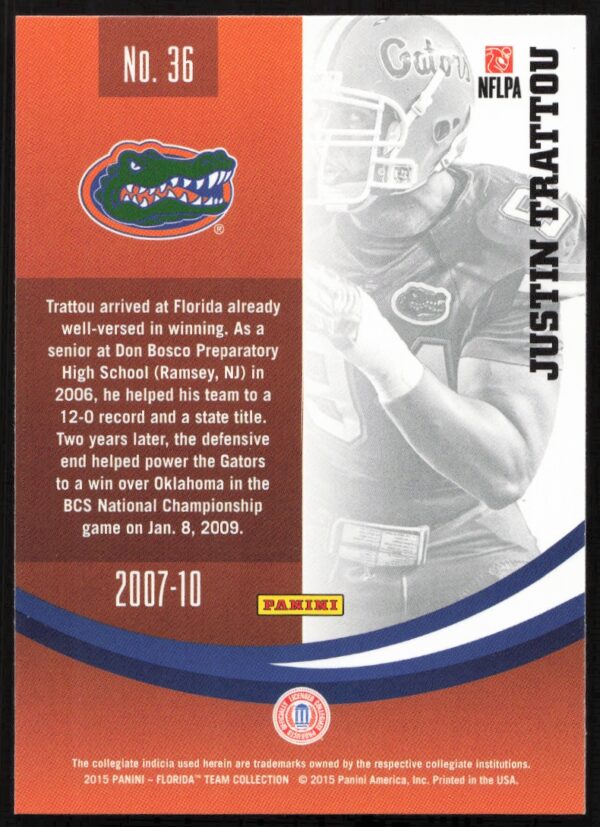 2015 Panini Florida Gators Justin Trattou #36 (Back)