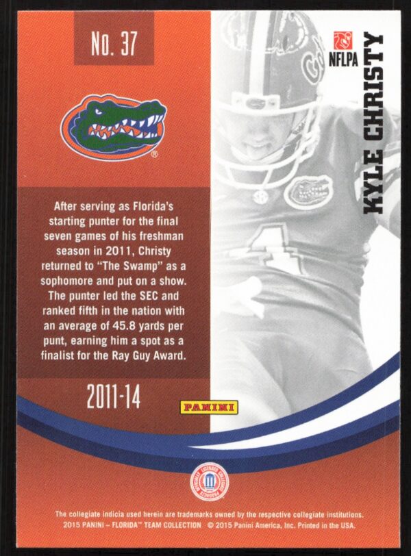 2015 Panini Florida Gators Kyle Christy #37 (Back)