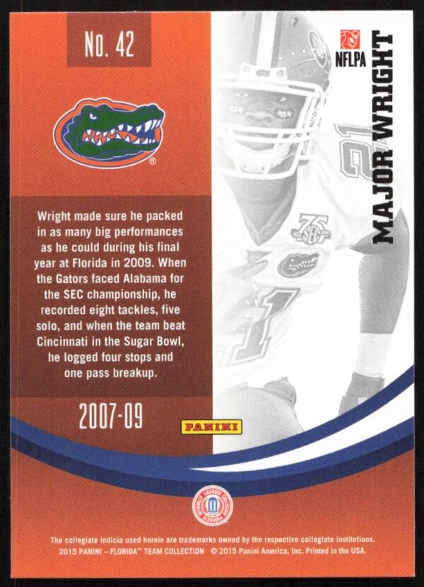 2015 Panini Florida Gators Major Wright #42 (Back)