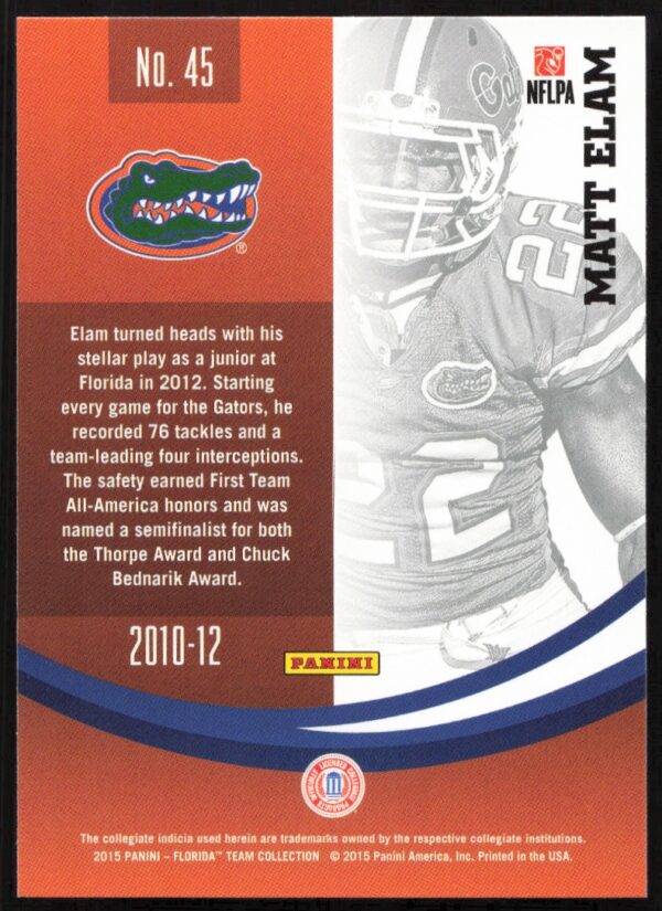 2015 Panini Florida Gators Matt Elam #45 (Back)