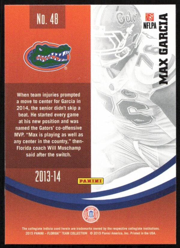 2015 Panini Florida Gators Max Garcia #48 (Back)