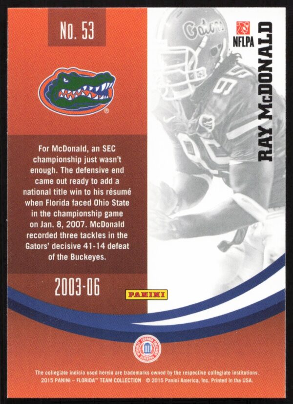 2015 Panini Florida Gators Ray McDonald #53 (Back)