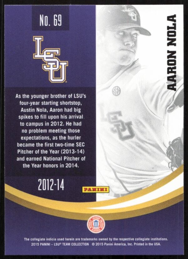 2015 Panini LSU Tigers Aaron Nola #69 (Back)