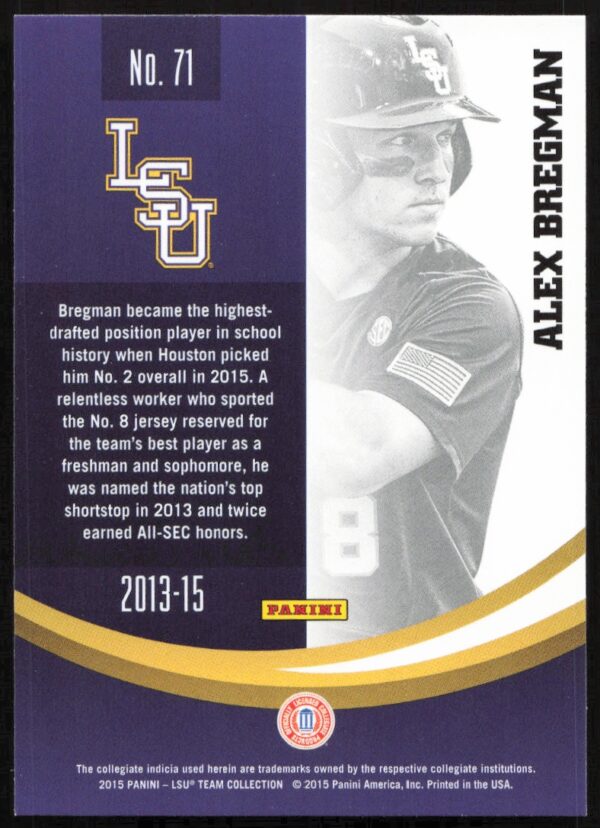 2015 Panini LSU Tigers Alex Bregman #71 (Back)