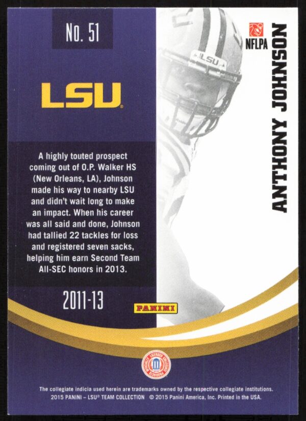 2015 Panini LSU Tigers Anthony Johnson #51 (Back)