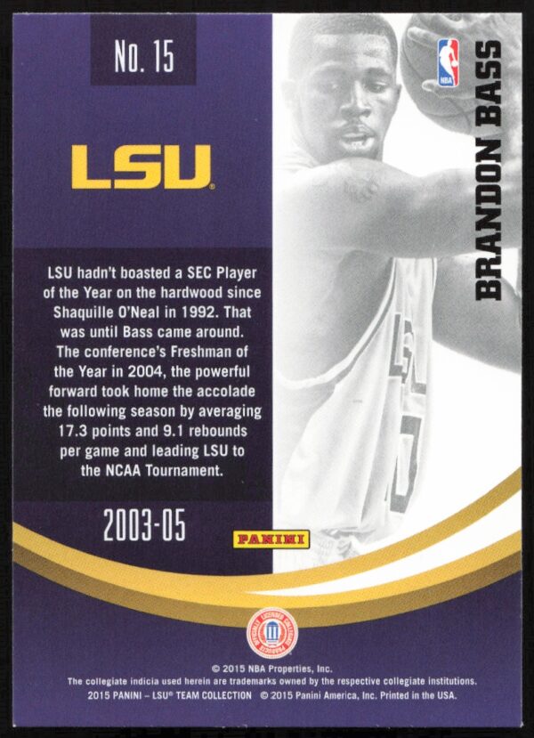 2015 Panini LSU Tigers Brandon Bass #15 (Back)