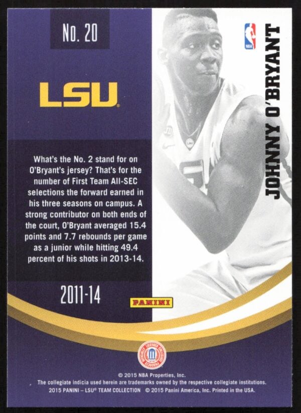 2015 Panini LSU Tigers Johnny O'Bryant #20 (Back)