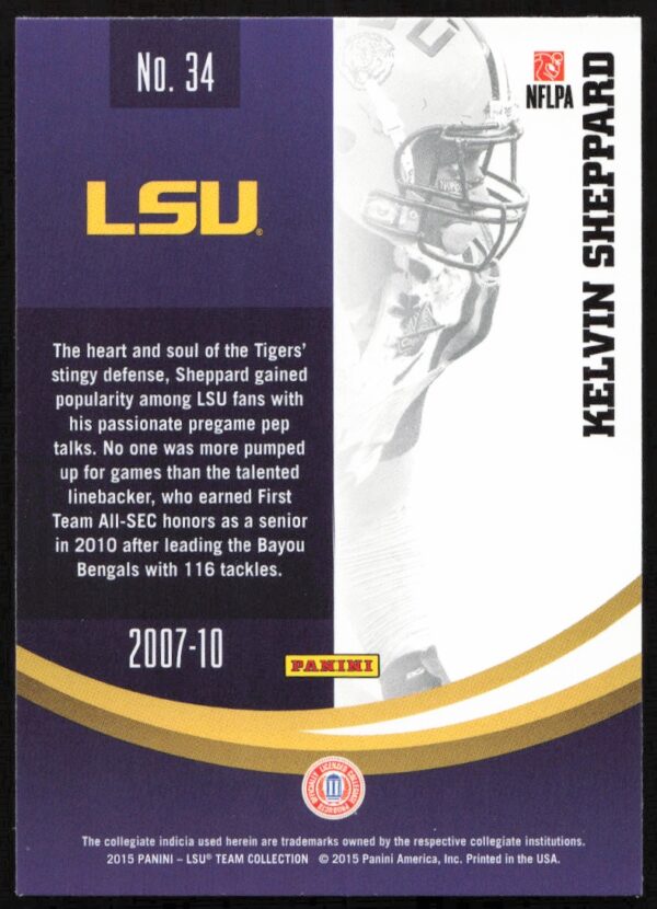 2015 Panini LSU Tigers Kelvin Sheppard #34 (Back)