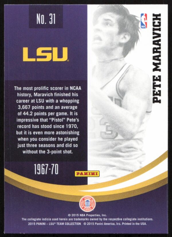 2015 Panini LSU Tigers Pete Maravich #31 (Back)