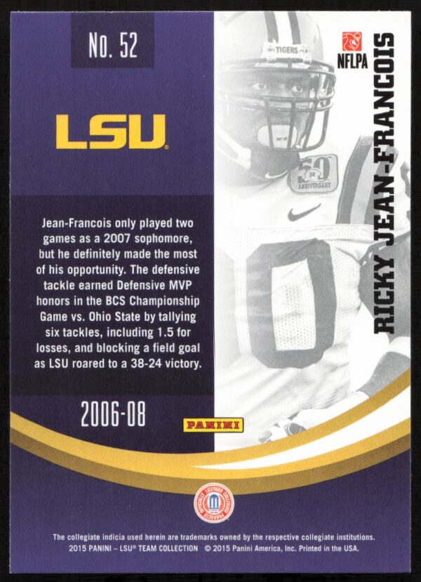 2015 Panini LSU Tigers Ricky Jean-Francois #52 (Back)