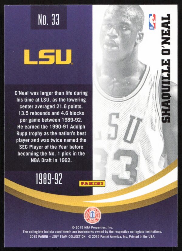 2015 Panini LSU Tigers Shaquille O'Neal #33 (Back)