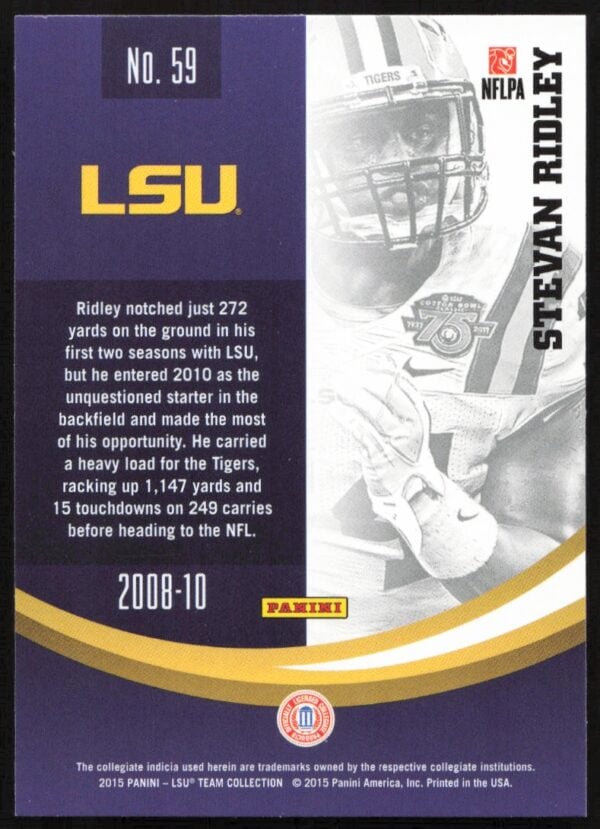 2015 Panini LSU Tigers Stevan Ridley #59 (Back)