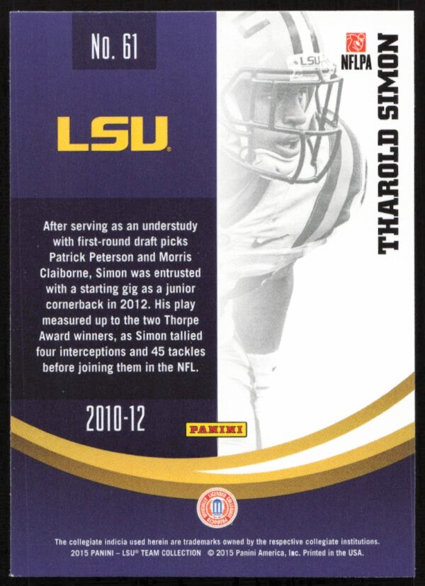 2015 Panini LSU Tigers Tharold Simon #61 (Back)