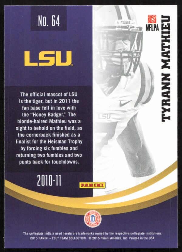 2015 Panini LSU Tigers Tyrann Mathieu #64 (Back)