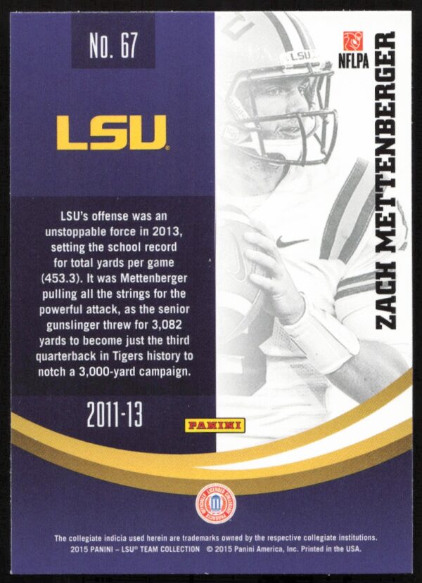 2015 Panini LSU Tigers Zach Mettenberger #67 (Back)