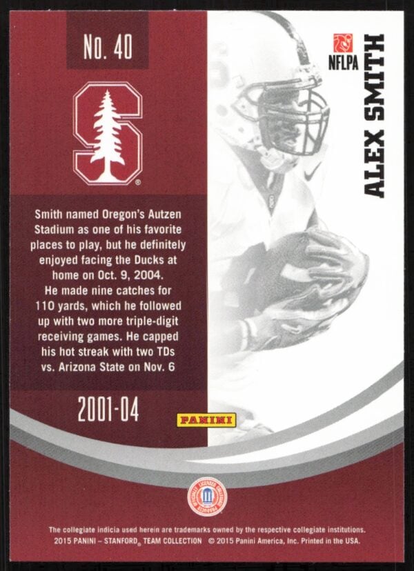 2015 Panini Stanford University Alex Smith #40 (Back)