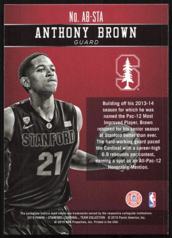 2015 Panini Stanford University Anthoy Brown Honors #AB-STA (Back)