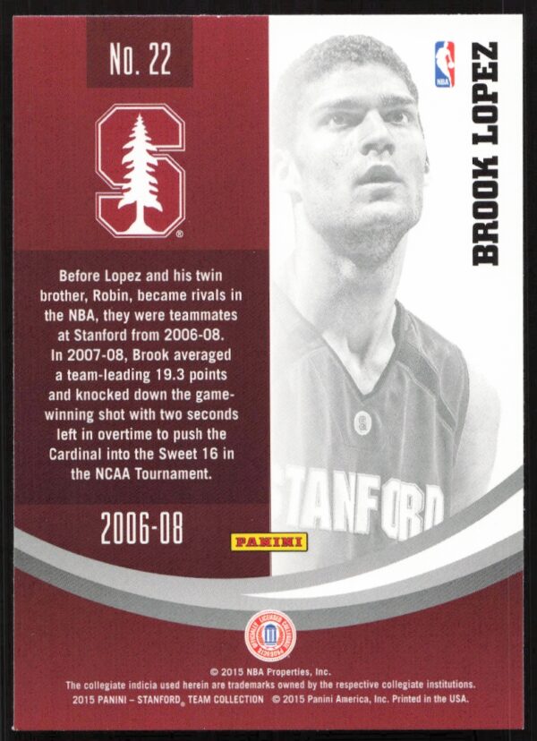 2015 Panini Stanford University Brook Lopez #22 (Back)