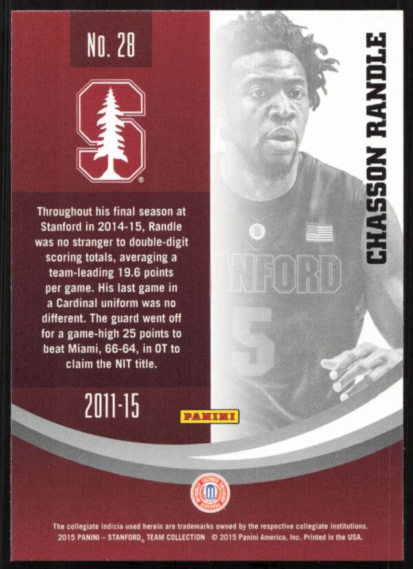 2015 Panini Stanford University Chasson Randle #28 (Back)