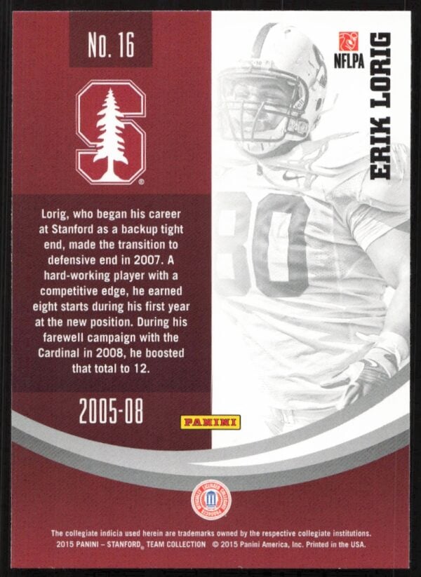 2015 Panini Stanford University Erik Loric #16 (Back)