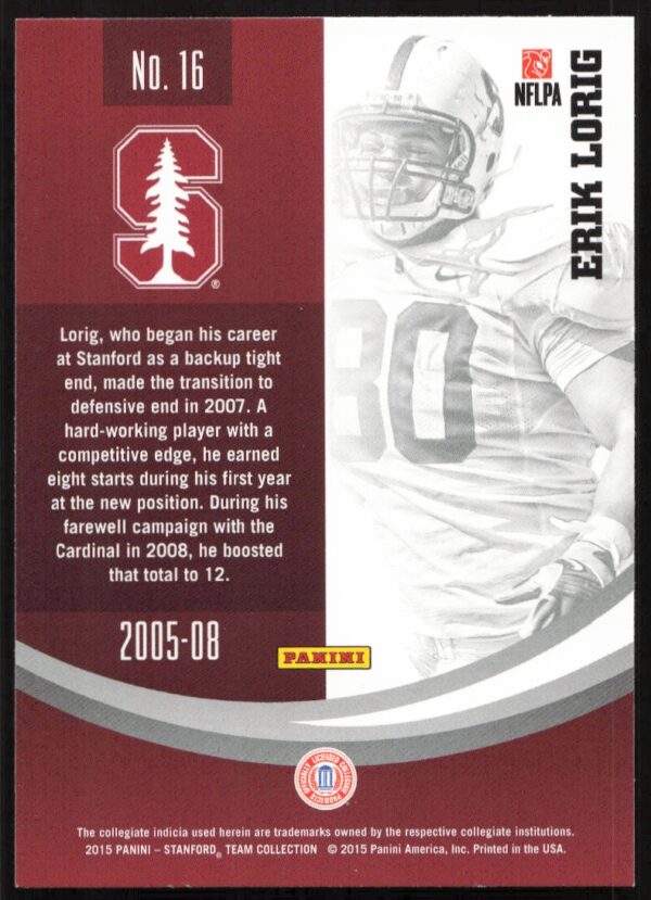 2015 Panini Stanford University Erik Lorig #16 (Back)