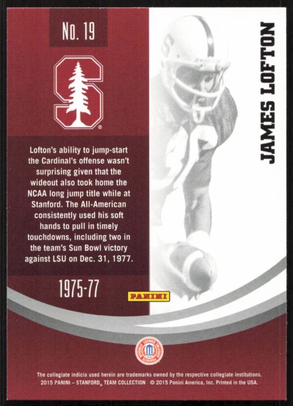 2015 Panini Stanford University James Lofton #19 (Back)