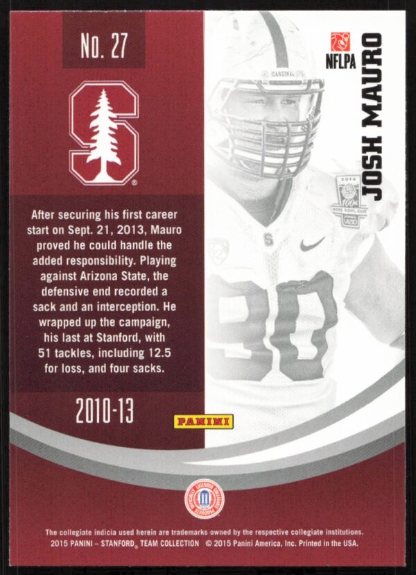 2015 Panini Stanford University Josh Mauro #27 (Back)