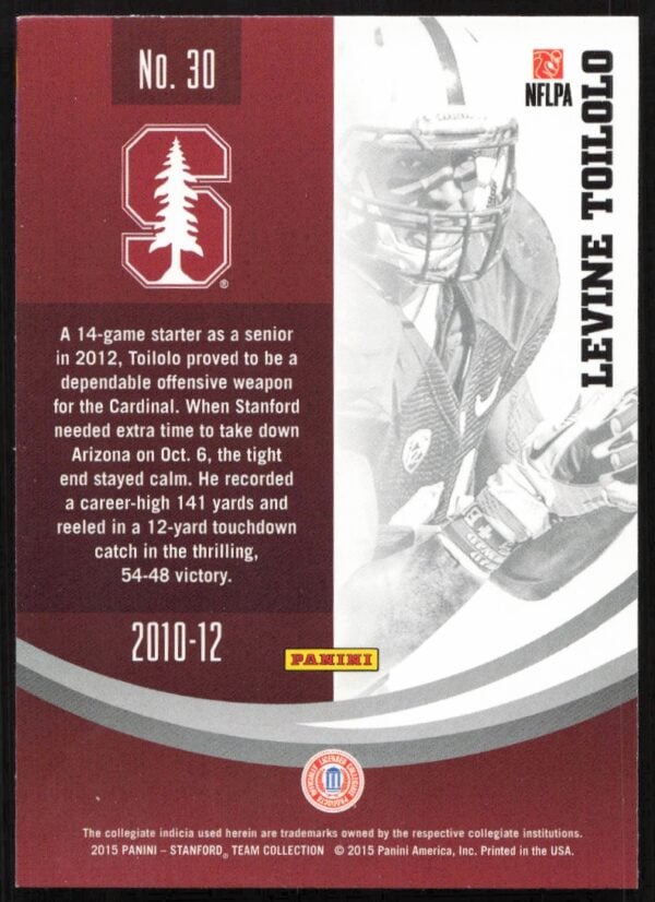 2015 Panini Stanford University Levine Toilolo #30 (Back)