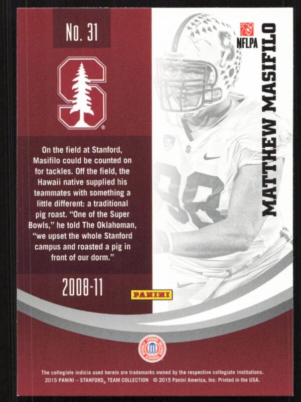 2015 Panini Stanford University Matthew Masifilo #31 (Back)