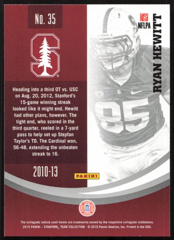 2015 Panini Stanford University Ryan Hewitt #35 (Back)